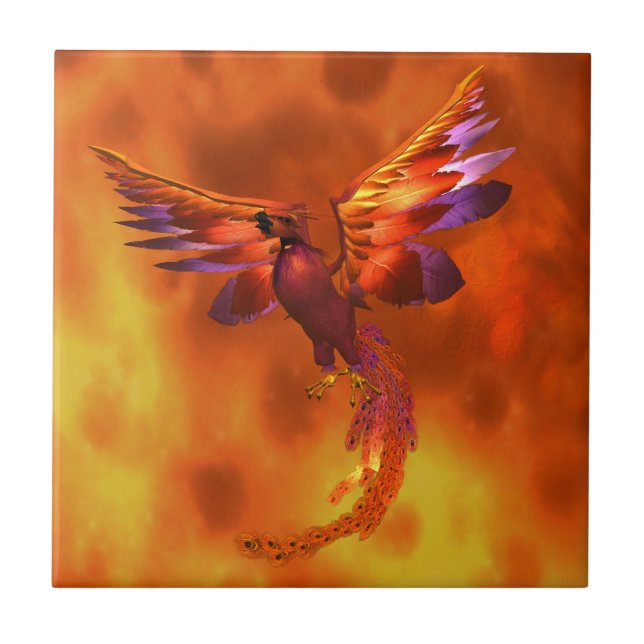 Colourful Phoenix Flying Against a Fiery Backgroun Ceramic Tile (Front)