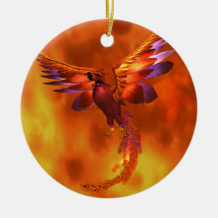 Colourful Phoenix Flying Against a Fiery Backgroun Ceramic Tree Decoration