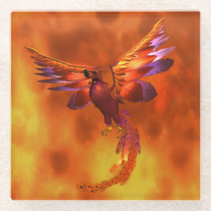 Colourful Phoenix Flying Against a Fiery Backgroun Glass Coaster