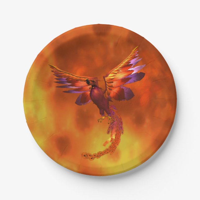 Colourful Phoenix Flying Against a Fiery Backgroun Paper Plate (Front)
