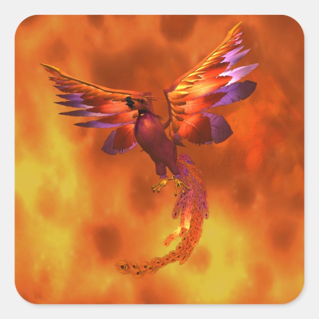 Colourful Phoenix Flying Against a Fiery Backgroun Square Sticker (Front)