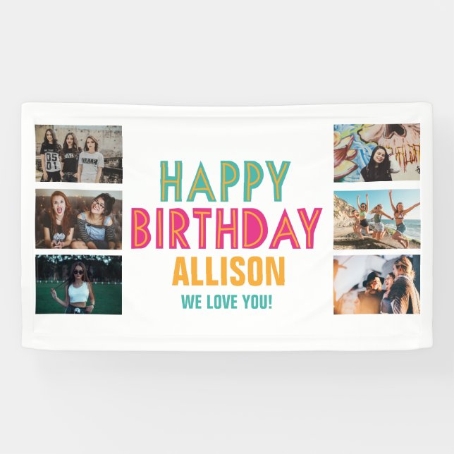 Colourful Photo Collage Kid's Happy Birthday Party Banner (Horizontal)