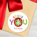Colourful Photo Thank You Kids Birthday Party Classic Round Sticker<br><div class="desc">This bright, whimsical thank you sticker design features space for one photo in the "O"of the "you." Additional colour options as well as the collection of coordinating products are available in our shop, zazzle.com/doodlelulu*. Contact us if you need this design applied to a specific product to create your own unique...</div>