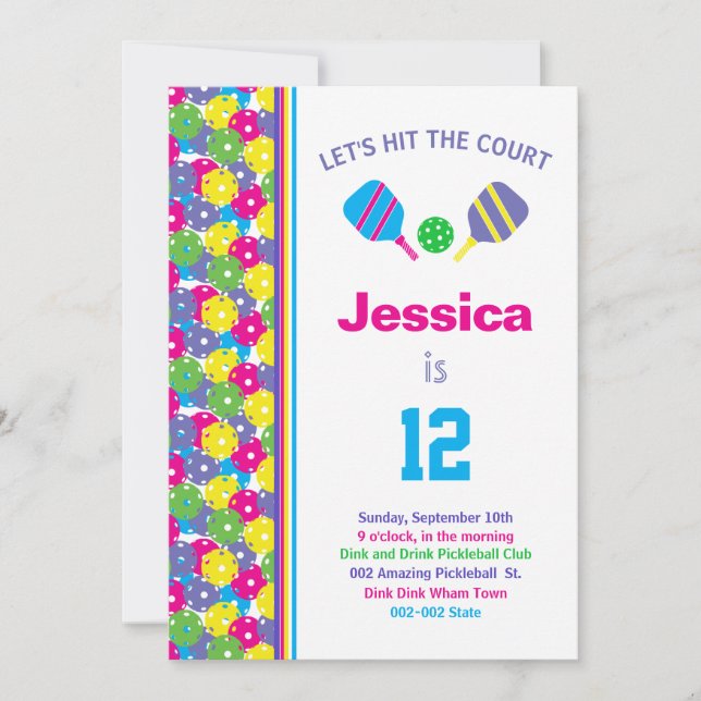 Colourful Pickleball B'day party + RSVP Invitation (Front)