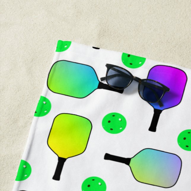 Colourful Pickleball Paddles Green Personalised Beach Towel (In Situ)