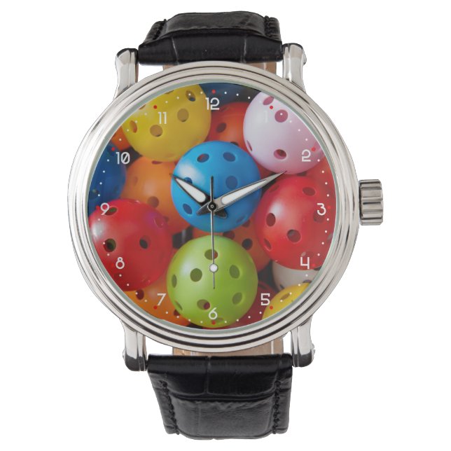 Colourful pickleballs, white digits watch (Front)