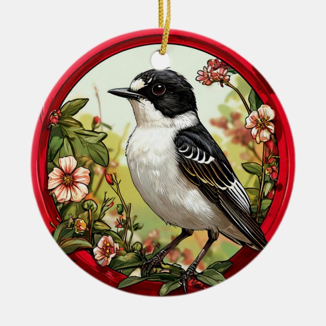 Colourful Pied flycatcher Bird Ceramic Ornament (Front)