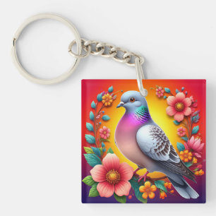 🕊️ Colourful Pigeon Floral Nature Design Key Ring