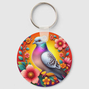 Colourful Pigeon Surrounded by Vibrant Flowers Key Ring