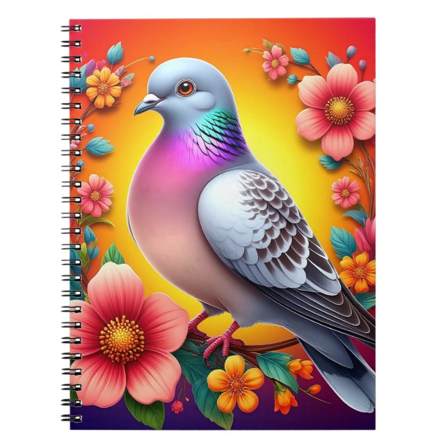 Colourful Pigeon Surrounded by Vibrant Flowers Notebook (Front)