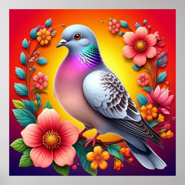 Colourful Pigeon Surrounded by Vibrant Flowers Poster (Front)