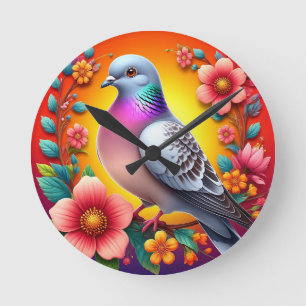 Colourful Pigeon Surrounded by Vibrant Flowers Round Clock