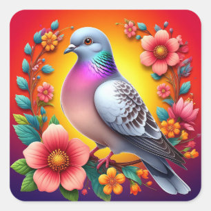 Colourful Pigeon Surrounded by Vibrant Flowers Square Sticker