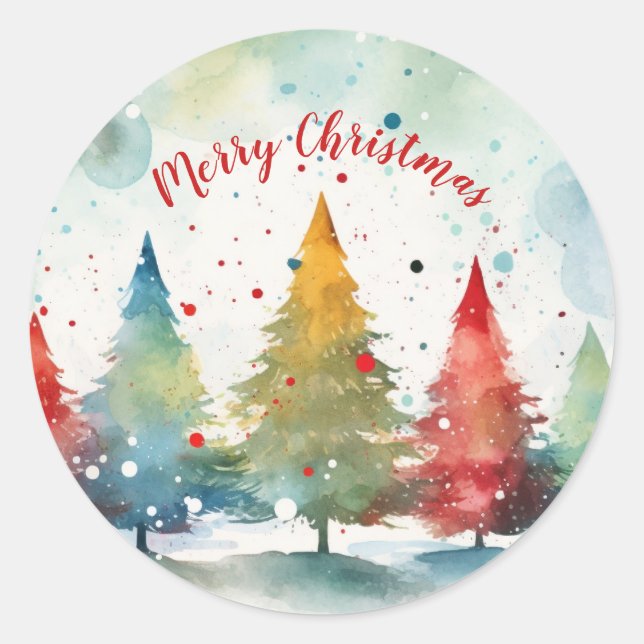Colourful Pine Trees Christmas Classic Round Sticker (Front)