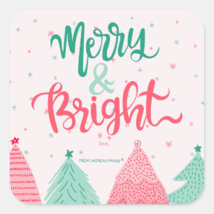 Colourful Pine Trees Merry & Bright Pink Square Sticker