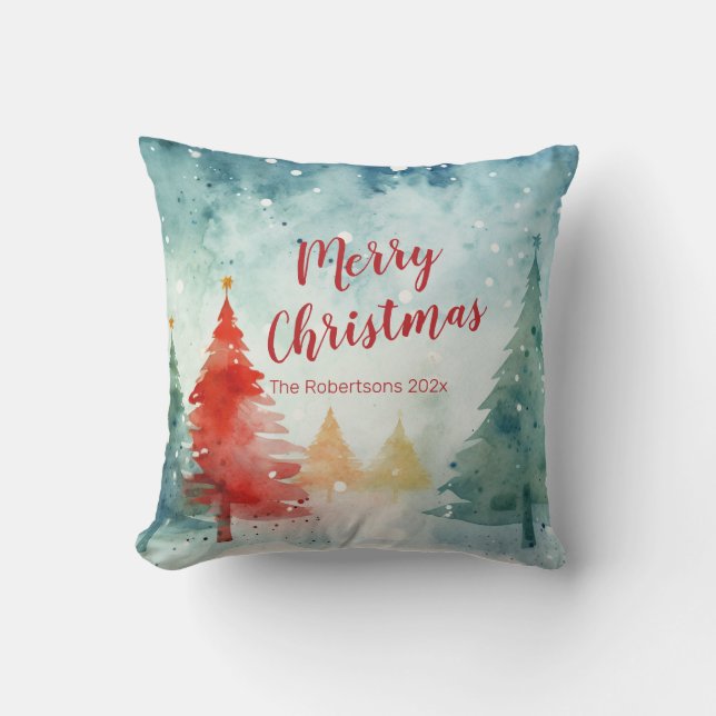 Colourful Pine Trees Merry Christmas Cushion (Front)