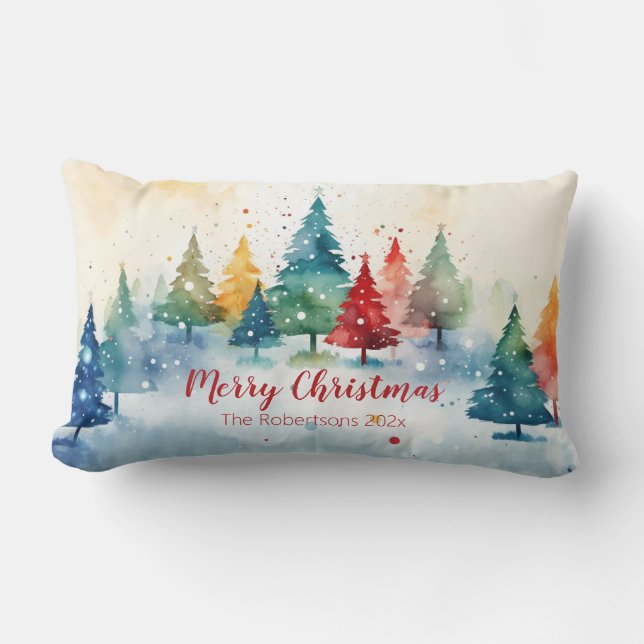 Colourful Pine Trees Merry Christmas Lumbar Cushion (Front)