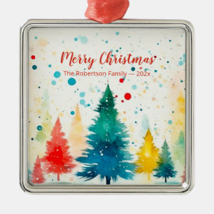 Colourful Pine Trees Merry Christmas Metal Ornament
