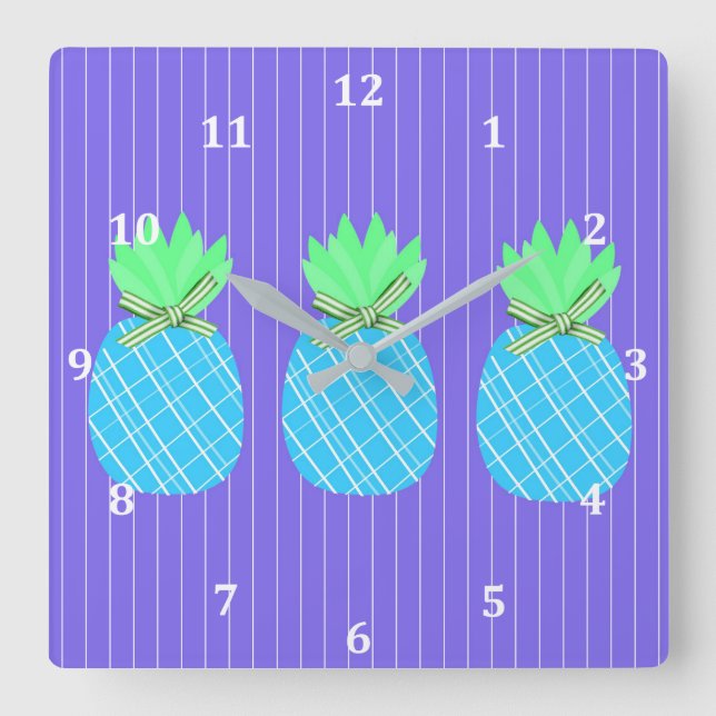 Colourful Pineapple Clock on Blue Stripes (Front)