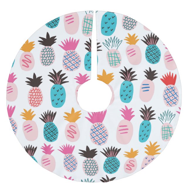 Colourful pineapple leaves, tropical doodle. brushed polyester tree skirt (Front)