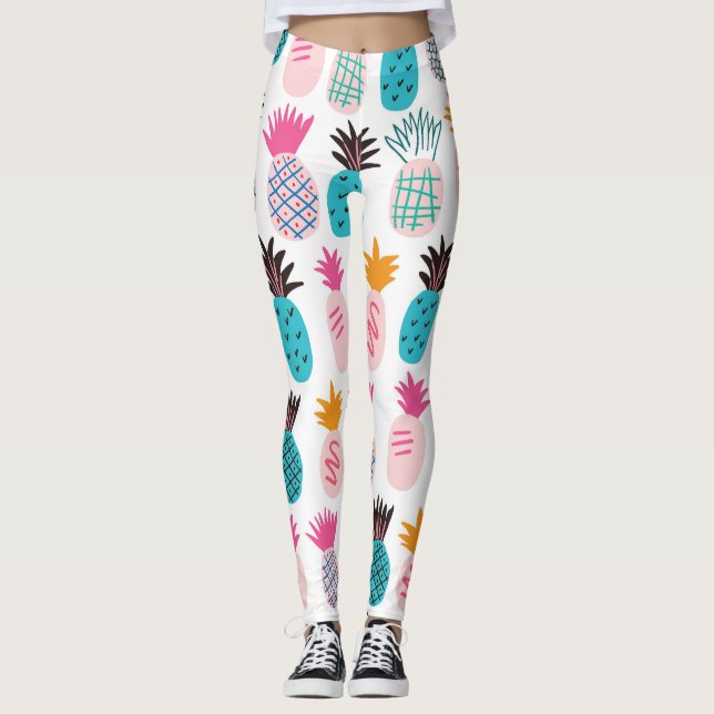 Colourful pineapple leaves, tropical doodle. leggings (Front)