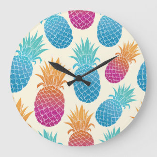 Colourful Pineapple Light Yellow Background Large Clock