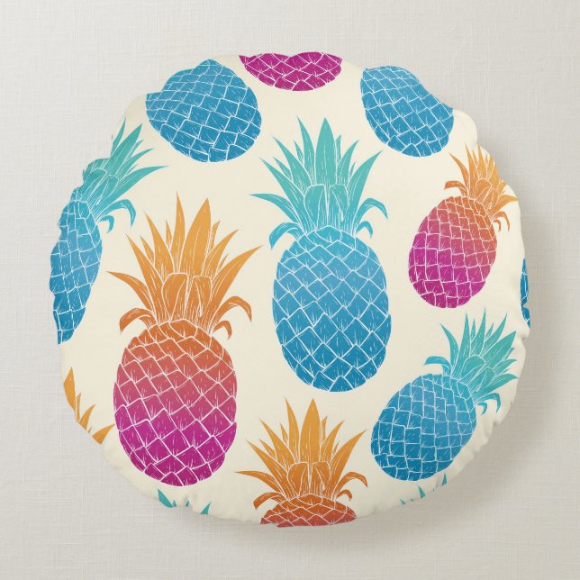 Colourful Pineapple Light Yellow Background Round Cushion (Front)