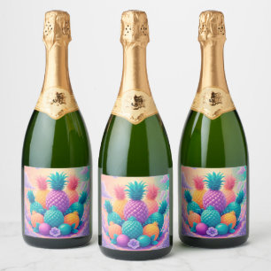 Colourful pineapples sparkling wine label