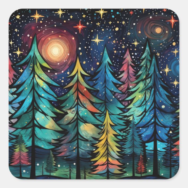 Colourful Pines on a Starry Winter Night Square Sticker (Front)