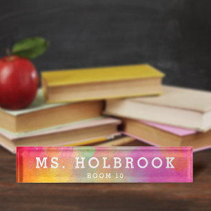 Colourful Pink Abstract Watercolor Teacher's Nameplate