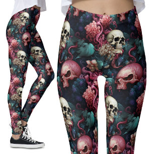 Colourful Pink Alien Skulls Floral Gothic Leggings
