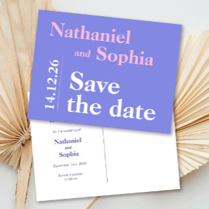 Colourful Pink and Lilac Typography Save the Date Postcard