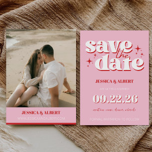  Colourful Pink and Red Retro Groovy 70s Wedding Save The Date