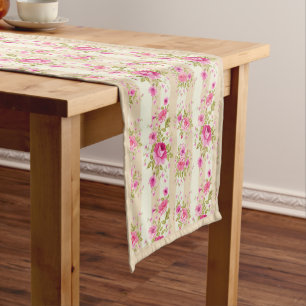 Colourful Pink and Red Roses on Striped Background Short Table Runner