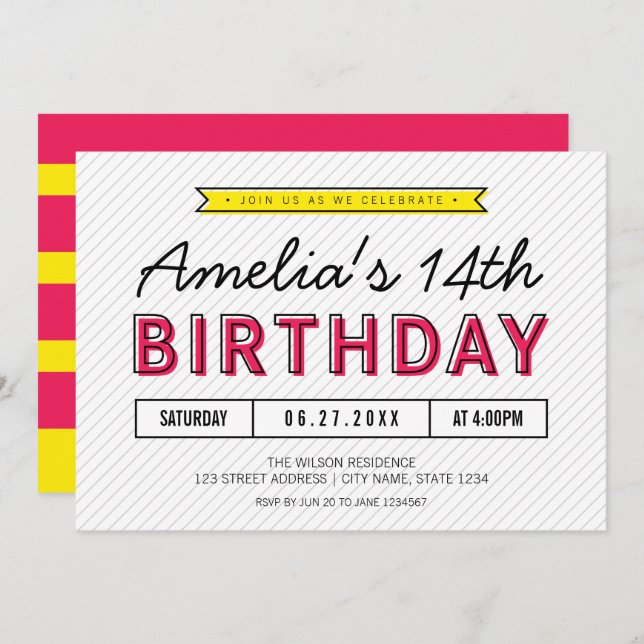 Colourful Pink and Yellow Any Age Modern Birthday Invitation (Front/Back)