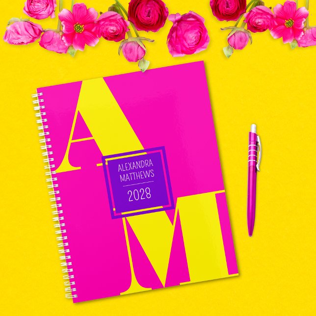 Colourful Pink and Yellow Custom Year Monogram Nam Planner (Cute and Colorful Custom Monogram and Name Planner.)