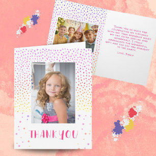 Colourful Pink Birthday Kids Girl 2 Photo Thank yo Card