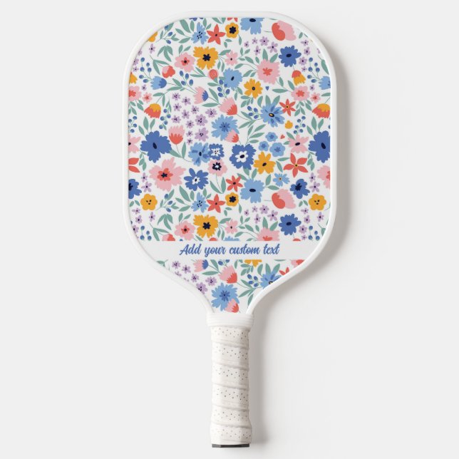 Colourful Pink Blue Garden Flowers Custom Text Nam Pickleball Paddle (Front)
