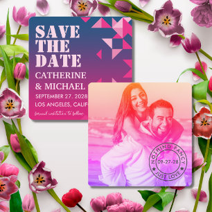 Colourful Pink & Blue Geometric Wedding Photo Save The Date
