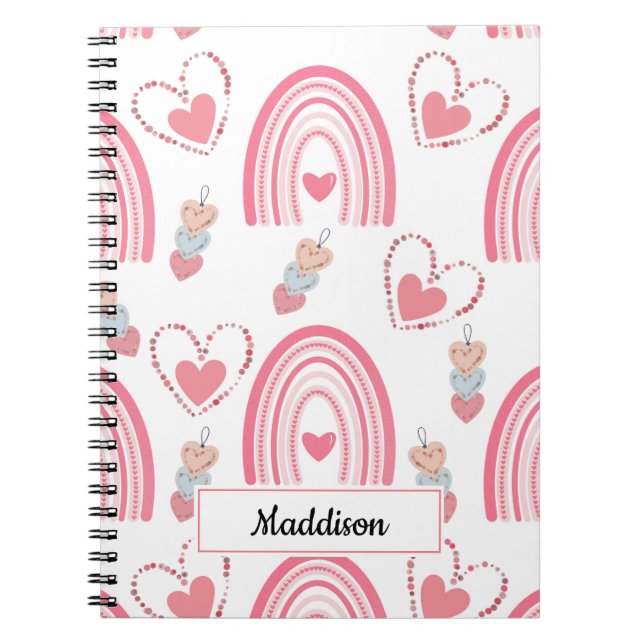 Colourful Pink Boho Rainbows and Hearts Notebook (Front)