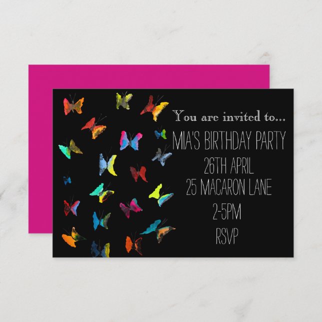 Colourful pink butterfly girl's birthday party inv invitation (Front/Back)