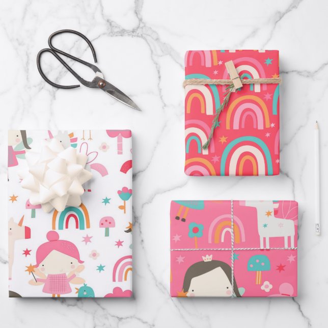 Colourful Pink Fairy And Rainbow Pattern Wrapping Paper Sheet (Front)