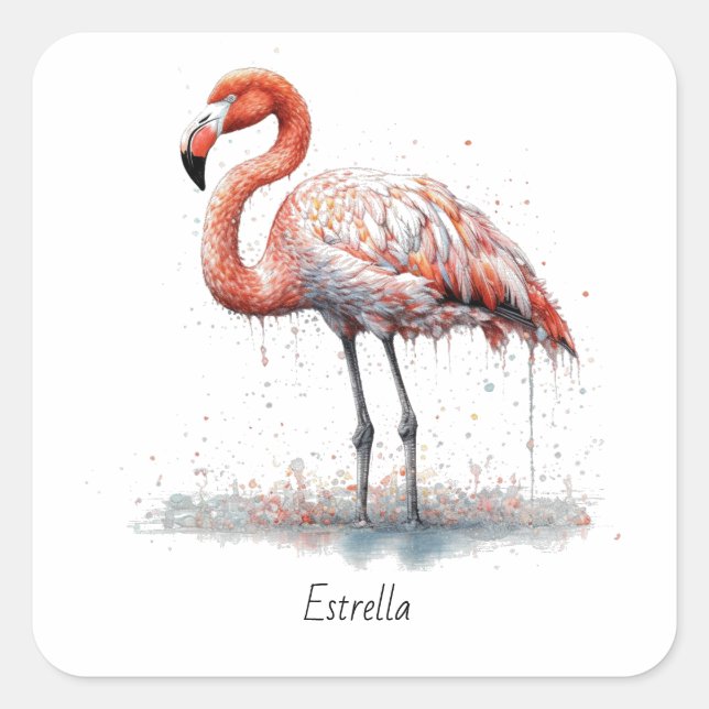 Colourful Pink Flamingo, customisable Square Sticker (Front)