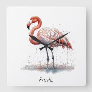 Colourful Pink Flamingo, customisable Square Wall Clock