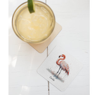 Colourful Pink Flamingo in Pointillism Style Glass Coaster