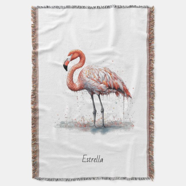 Colourful Pink Flamingo in Pointillism Style Throw Blanket (Front Vertical)