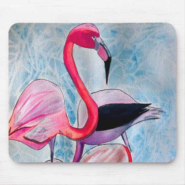 Colourful pink flamingo watercolor art mouse pad (Front)