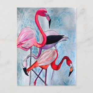 Colourful pink flamingo watercolor art postcard
