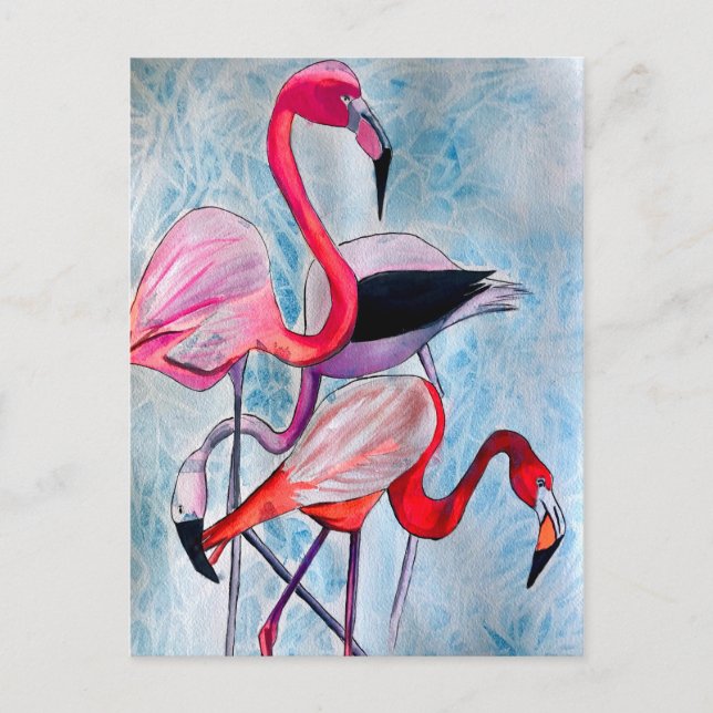 Colourful pink flamingo watercolor art postcard (Front)