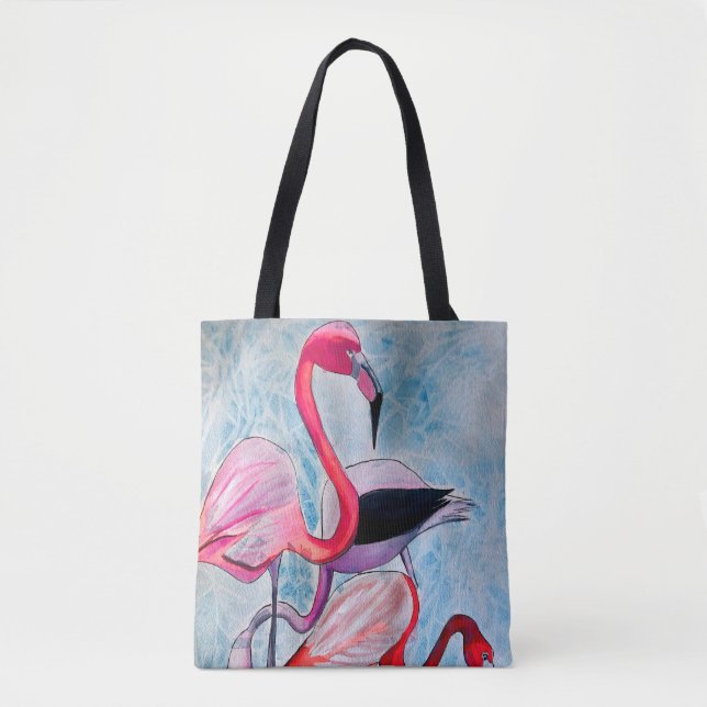 Colourful pink flamingo watercolor art tote bag (Front)